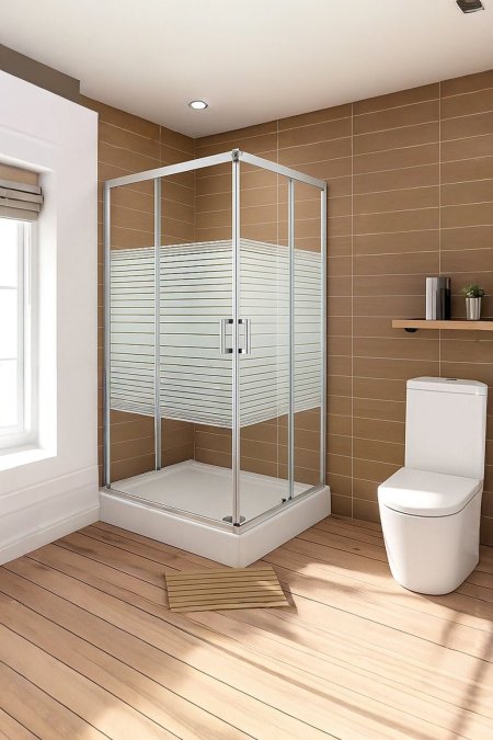 شور زجاج زاوية L – فريم كروم بخطوط Privacy (سحّاب مزدوج)